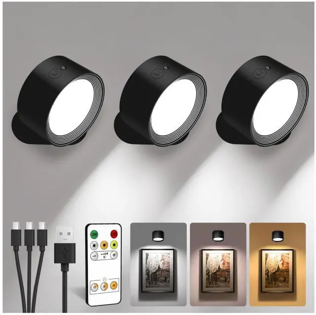 Main image of LED Wall Mounted Lights, Rechargeable Wall Sconces with Remote & Touch Control, 3 Color Temperatures 360° Rotation Dimmable Cordless Wall Light for Bedroom Study Reading Bedside (Black, 3 Pack)