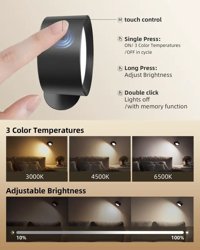Alt view image 5 of 7 - LED Wall Mounted Lights, Rechargeable Wall Sconces with Remote & Touch Control, 3 Color Temperatures 360° Rotation Dimmable Cordless Wall Light for Bedroom Study Reading Bedside (Black, 3 Pack)