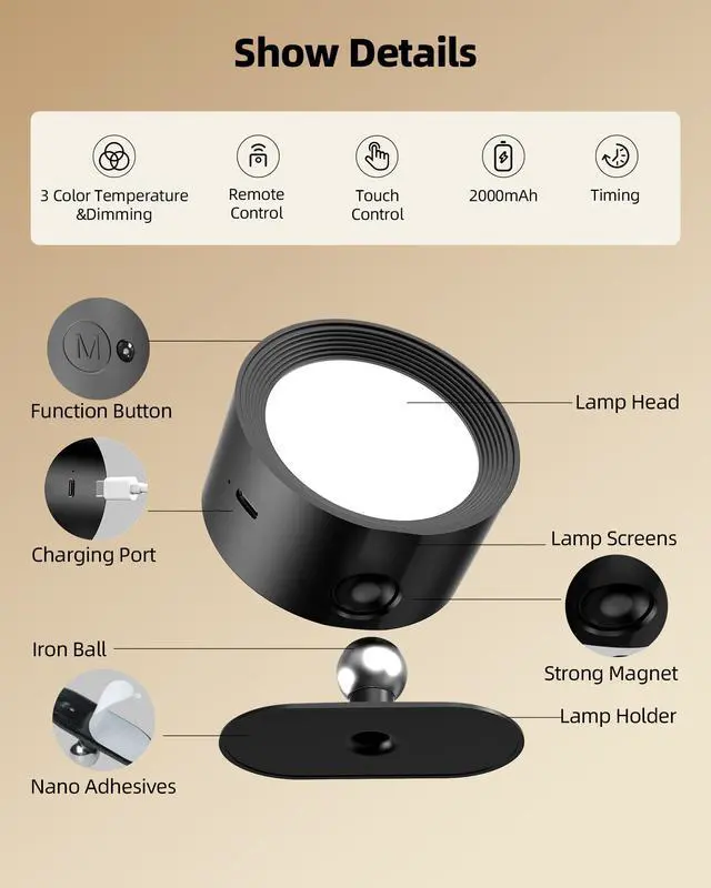 Alt view image 7 of 7 - LED Wall Mounted Lights, Rechargeable Wall Sconces with Remote & Touch Control, 3 Color Temperatures 360° Rotation Dimmable Cordless Wall Light for Bedroom Study Reading Bedside (Black, 3 Pack)