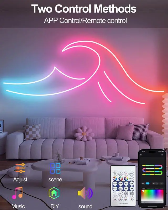 Alt view image 2 of 7 - Smart Neon Rope Lights USB, 16.4Ft LED Rope Lights IC & RGB Color Changing with APP Control, Music Sync Neon Strip Lights Outdoor Waterproof DIY for Gaming Room Living Indoor Decor