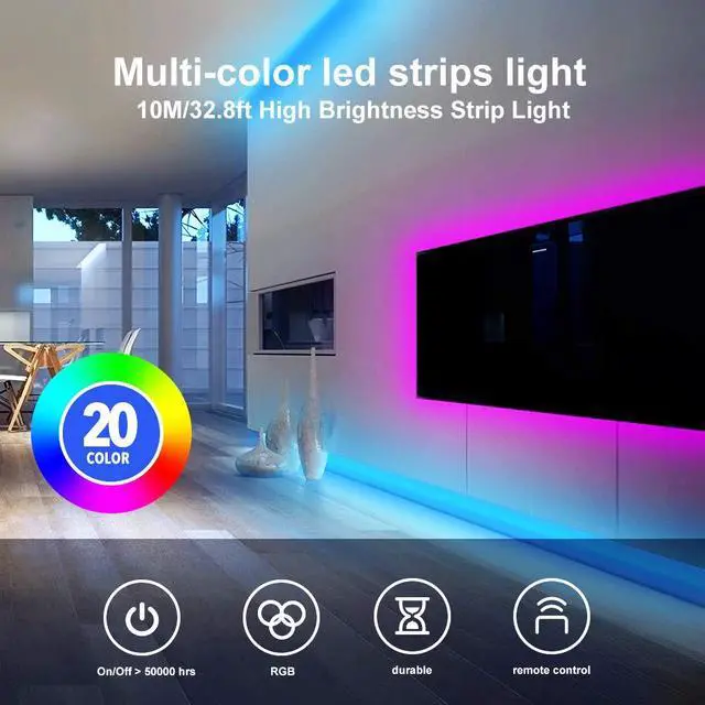 Alt view image 7 of 7 - Led Strip Lights 32.8 ft RGB Color Changing Lights Strip for Bedroom, Desk, Home Decoration, with Remote and Power Supply