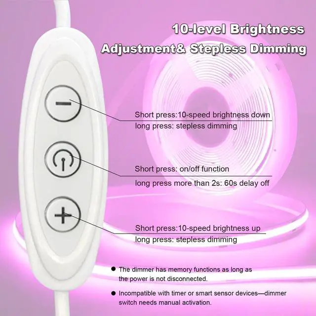 Alt view image 4 of 7 - Pink LED Strip Lights USB 5V 4.9ft Small Dimmable COB Light Strip with USB Dimmer Switch for Bedroom/Gaming Setup/DIY Crafts/TV Backlighting/Indoor Ambiance Decor