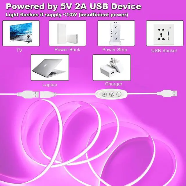 Alt view image 5 of 7 - Pink LED Strip Lights USB 5V 4.9ft Small Dimmable COB Light Strip with USB Dimmer Switch for Bedroom/Gaming Setup/DIY Crafts/TV Backlighting/Indoor Ambiance Decor