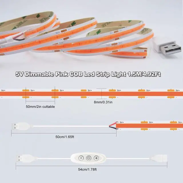 Alt view image 7 of 7 - Pink LED Strip Lights USB 5V 4.9ft Small Dimmable COB Light Strip with USB Dimmer Switch for Bedroom/Gaming Setup/DIY Crafts/TV Backlighting/Indoor Ambiance Decor