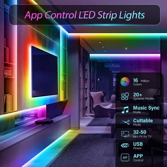 Alt view image 4 of 7 - LED Strip Lights for TV, 9.8Ft RGB LED Lights for 32-50in TV Behind, App Control Music Sync Strip Lights IP65 Waterproof with Remote, USB LED Strips Bias Lighting for Bedroom PC Monitor Desk