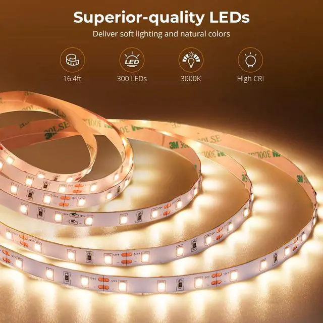 Alt view image 5 of 7 - Warm White LED Strip Lights, Bright 300 LEDs, 3000K Dimmable Light Strip 16.4ft with Control Box, LED Lights for Bedroom, Kitchen Cabinets, Living Room, ETL Listed Adapter Included
