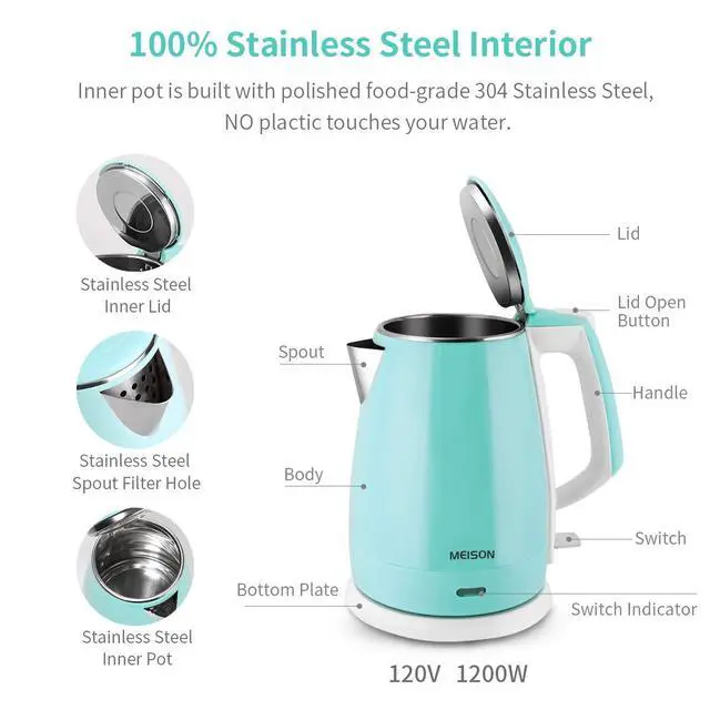 Alt view image 2 of 7 - Electric Kettle(BPA Free), Double Wall Water Boiler Heater, Stainless Steel Interior, Cool Touch Coffee Pot & Tea Kettle, Auto Shut-Off and Boil-Dry Protection, 1.5L, 2 Year Warranty