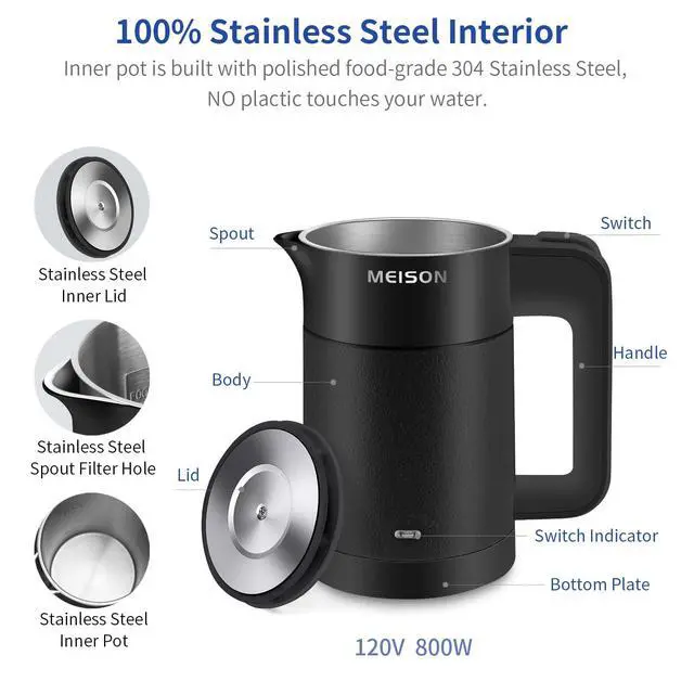 Alt view image 2 of 6 - 0.6L Small Electric Kettles Stainless Steel, Travel Mini Hot Water Boiler Heater, Double Wall Cool Touch Portable Teapot, Auto Shut-Off & Boil-Dry Protection, 120V/800W, 2 Year Warranty (Black)