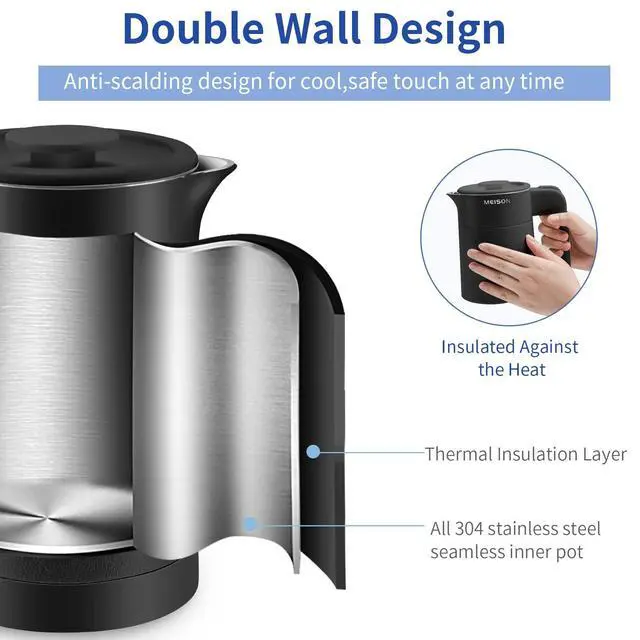 Alt view image 3 of 6 - 0.6L Small Electric Kettles Stainless Steel, Travel Mini Hot Water Boiler Heater, Double Wall Cool Touch Portable Teapot, Auto Shut-Off & Boil-Dry Protection, 120V/800W, 2 Year Warranty (Black)