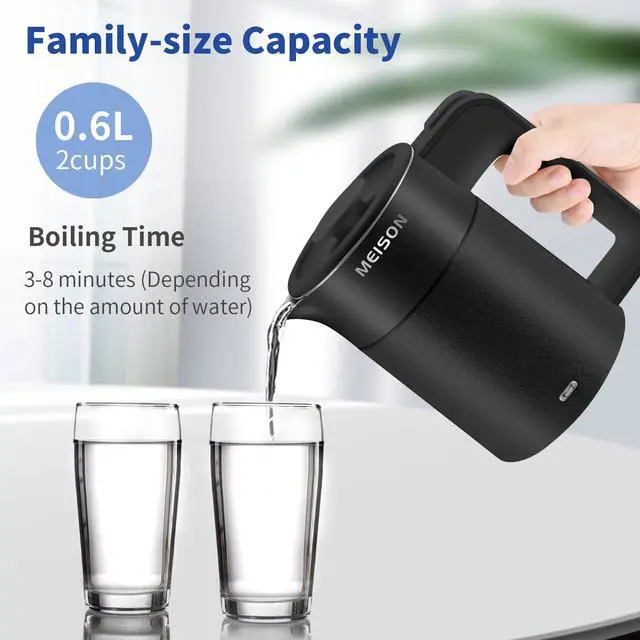 Alt view image 5 of 6 - 0.6L Small Electric Kettles Stainless Steel, Travel Mini Hot Water Boiler Heater, Double Wall Cool Touch Portable Teapot, Auto Shut-Off & Boil-Dry Protection, 120V/800W, 2 Year Warranty (Black)