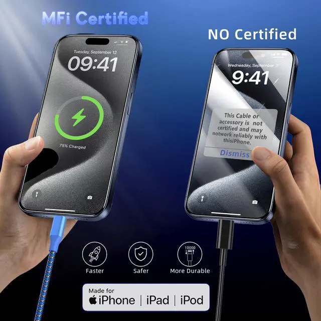 Alt view image 4 of 6 - iPhone Charger 3Pack 10FT MFi Certified Nylon Braided Cord Fast Charging Lightning Cable Compatible with iPhone 14/13/12/11 Pro/11/XS MAX/XR and More