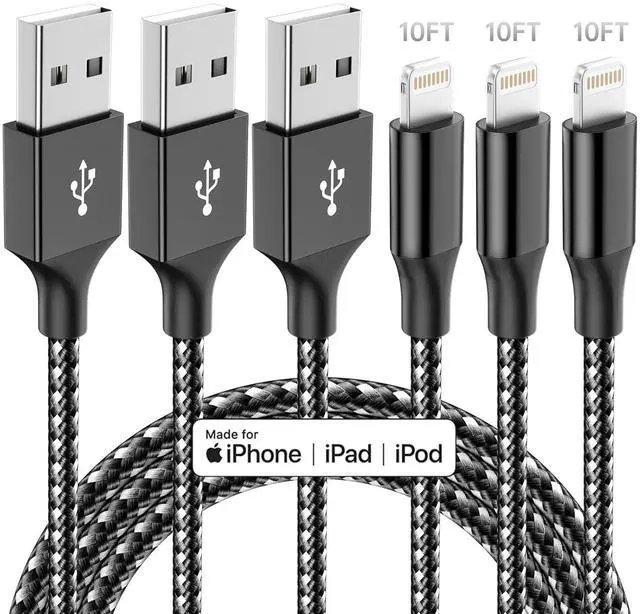 Main image of iPhone Charger,3 Pack 10 FT iPhone Charger Fast Charging Cord Apple MFi Certified Lightning Cable Nylon Braided Compatible with iPhone 14 13 12 11 Pro Max XR XS X 8 7 6 Plus SE iPad and More