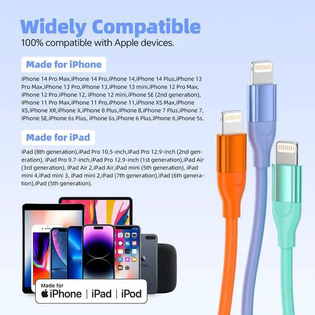 Alt view image 7 of 7 - iPhone Charger 3Pack 10 FT Apple MFi Certified Lightning Cable Fast Charging iPhone Charger Cord Compatible with iPhone 14 13 12 11 Pro Max XR XS X 8 7 Plus SE iPad and More - Multicolor