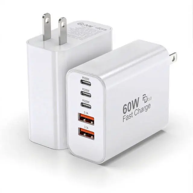 Main image of USB C Charger Block, 2-Pack 60W 5 Ports USBC Wall Charger Plug Fast Charging, iPhone Charger QC Multiport PD Adapter Chargers, Type C Box Brick Cube for iPhone 17 16 15 14 13 12 Pro Max,Samsung