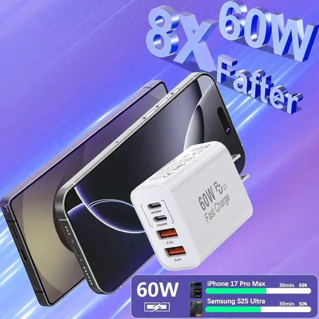 Alt view image 2 of 7 - USB C Charger Block,60W 4-Port USB C Wall Charger iPhone Charger Fast Charging PD Power Adapter+QC Wall Plug Multiport Type C Brick Chargers for iPhone 17 16 15 14 13 12 11 Pro Max XS,Samsung