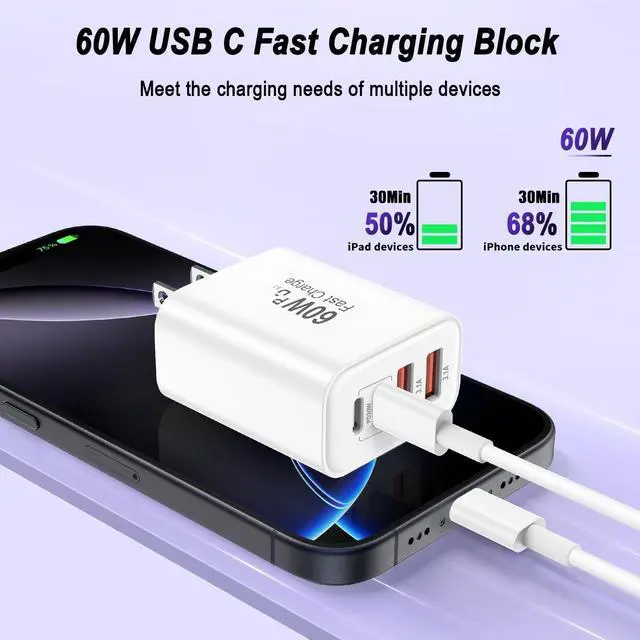 Alt view image 3 of 7 - USB C Charger Block,60W 4-Port USB C Wall Charger iPhone Charger Fast Charging PD Power Adapter+QC Wall Plug Multiport Type C Brick Chargers for iPhone 17 16 15 14 13 12 11 Pro Max XS,Samsung