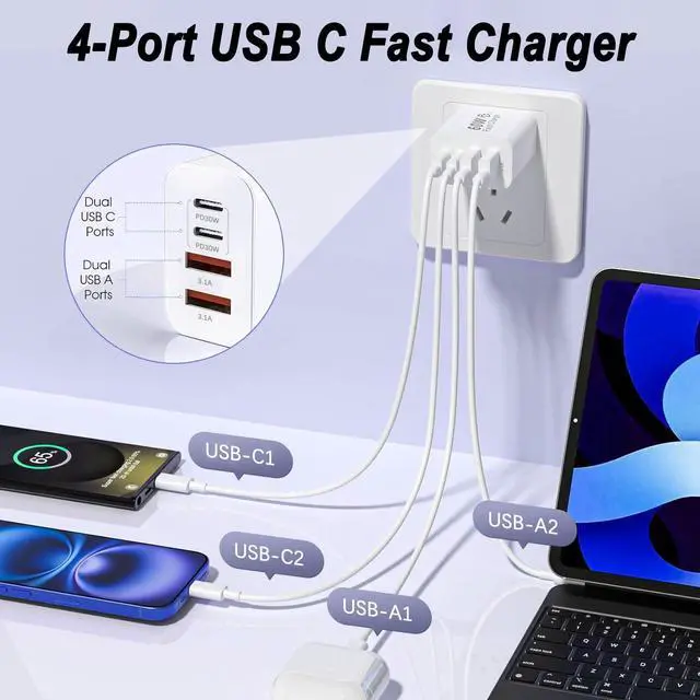 Alt view image 5 of 7 - USB C Charger Block,60W 4-Port USB C Wall Charger iPhone Charger Fast Charging PD Power Adapter+QC Wall Plug Multiport Type C Brick Chargers for iPhone 17 16 15 14 13 12 11 Pro Max XS,Samsung
