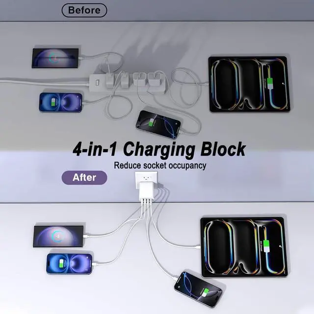 Alt view image 7 of 7 - USB C Charger Block,60W 4-Port USB C Wall Charger iPhone Charger Fast Charging PD Power Adapter+QC Wall Plug Multiport Type C Brick Chargers for iPhone 17 16 15 14 13 12 11 Pro Max XS,Samsung