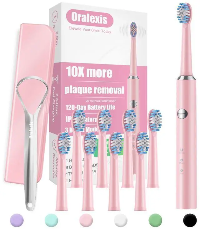 Main image of Electric Toothbrush for Adults and Kids, with Tongue Scraper and 8 Brush Heads, One Fast Charge Last 120 Days, 40000 VPM Deep Clean, Sonic Travel Toothbrush - Pink