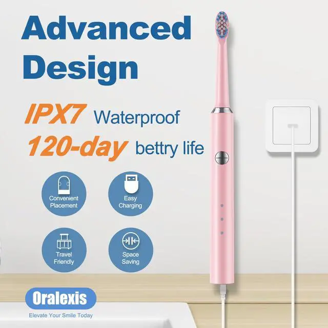 Alt view image 5 of 7 - Electric Toothbrush for Adults and Kids, with Tongue Scraper and 8 Brush Heads, One Fast Charge Last 120 Days, 40000 VPM Deep Clean, Sonic Travel Toothbrush - Pink