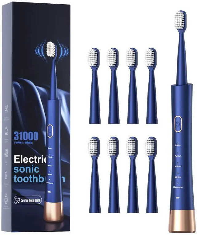 Main image of IPX7 Waterproof Sonicare Electric Toothbrush, 2-Hour Fast Charge with Intelligent Time Reminder, 5 Modes, 8 Brush Heads, Travel, Indoor, Outdoor, Blue