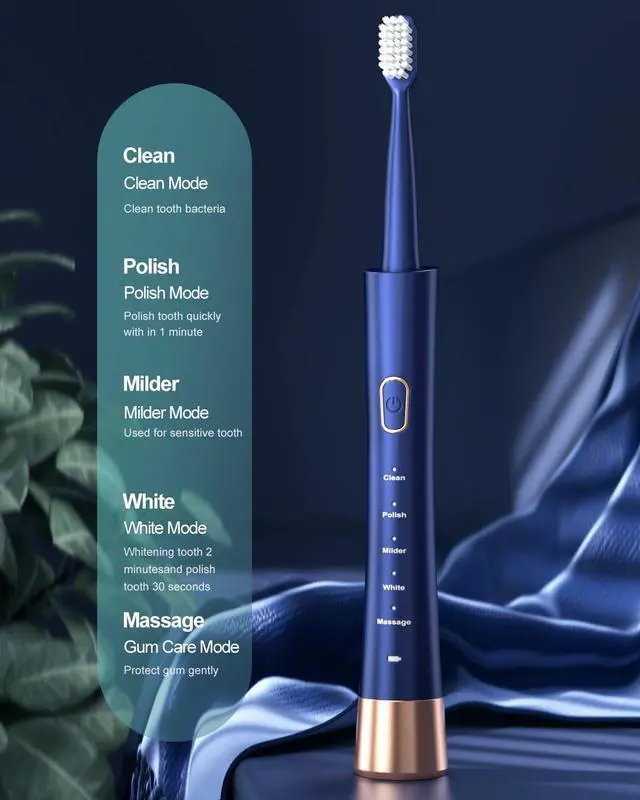 Alt view image 2 of 7 - IPX7 Waterproof Sonicare Electric Toothbrush, 2-Hour Fast Charge with Intelligent Time Reminder, 5 Modes, 8 Brush Heads, Travel, Indoor, Outdoor, Blue