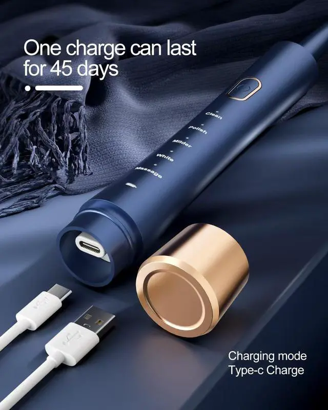 Alt view image 4 of 7 - IPX7 Waterproof Sonicare Electric Toothbrush, 2-Hour Fast Charge with Intelligent Time Reminder, 5 Modes, 8 Brush Heads, Travel, Indoor, Outdoor, Blue