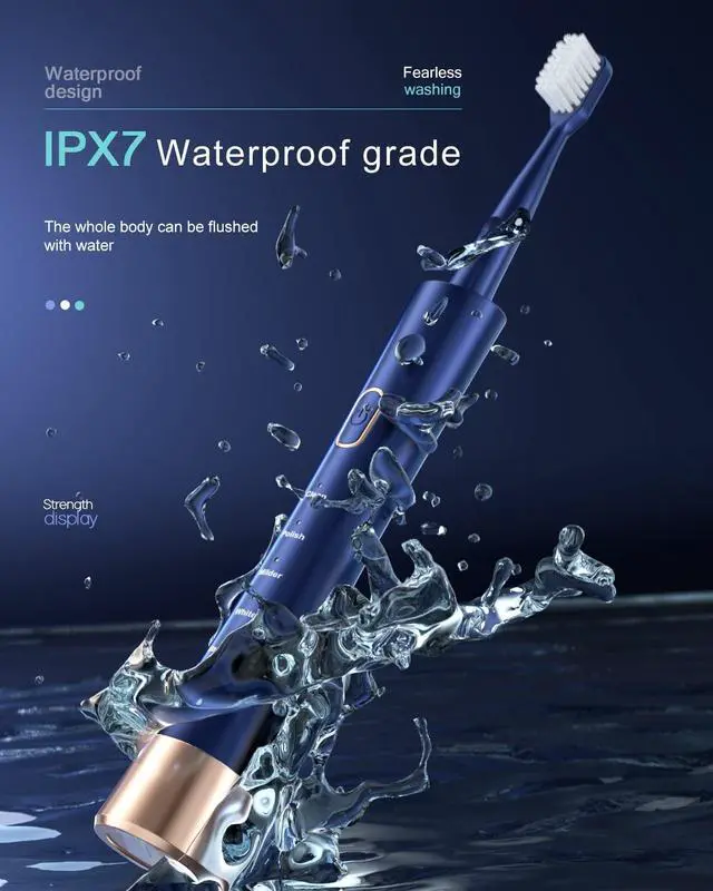 Alt view image 5 of 7 - IPX7 Waterproof Sonicare Electric Toothbrush, 2-Hour Fast Charge with Intelligent Time Reminder, 5 Modes, 8 Brush Heads, Travel, Indoor, Outdoor, Blue