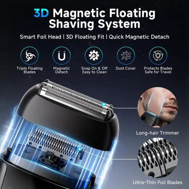 Alt view image 2 of 6 - Electric Foil Shavers for Men: Mini Electric Razor with 3 Floating Blades, IPX7 Waterproof Foil Shaver, USB-C Rechargeable Shavers for Men with Travel Lock, Compact Grooming Gift for Home & Travel