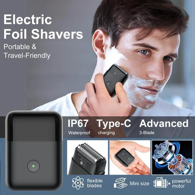 Alt view image 2 of 7 - Electric Shavers for Men, Mini Travel Electric Razor, Foil Shaver for Men, Fast Rechargeable Dual Floating Blades IPX7 Waterproof Wet Dry Face Razor-Light Black
