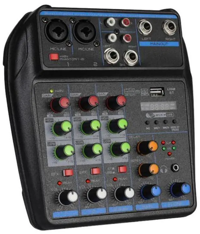 DJ Audio Mixer, DJ Mixers 4 Channel Sound Board with Bluetooth, Sound Mixer Board XRL/1/4" Interface, USB/MP3 Computer Input 48V Phantom Power Stereo DJ Studio Streaming KTV Stage