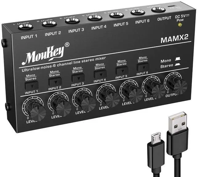 Main image of Audio Mixer, DC 5V, 6 Stereo Ultra, Low Noise 6 Channel Line Mixer for Sub-Mixing, for Small Clubs or Bars, As Guitars, Bass, Keyboards Mixer, MAMX2