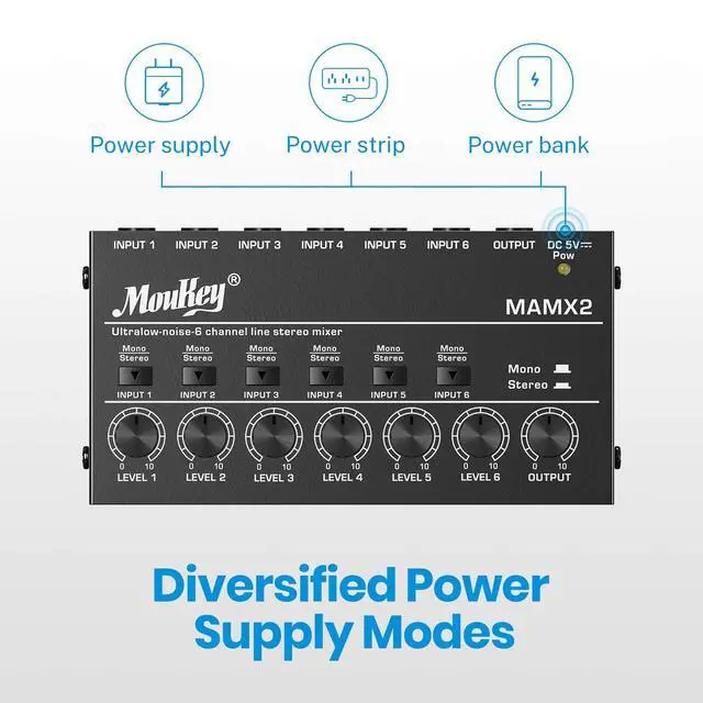 Alt view image 5 of 7 - Audio Mixer, DC 5V, 6 Stereo Ultra, Low Noise 6 Channel Line Mixer for Sub-Mixing, for Small Clubs or Bars, As Guitars, Bass, Keyboards Mixer, MAMX2