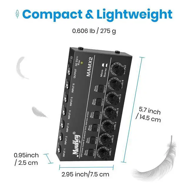 Alt view image 7 of 7 - Audio Mixer, DC 5V, 6 Stereo Ultra, Low Noise 6 Channel Line Mixer for Sub-Mixing, for Small Clubs or Bars, As Guitars, Bass, Keyboards Mixer, MAMX2