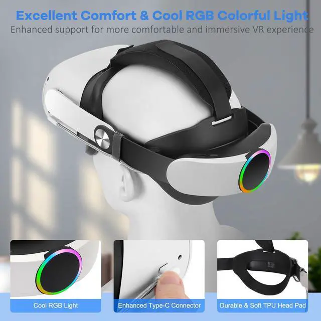 Alt view image 4 of 7 - Head Strap with Battery for Oculus Quest 2, 10000mAh Fast Charging Battery Pack Extend 8H Playtime, Adjustable Elite Strap Replacement with RGB Light Enhanced Comfort Support & Balance in VR