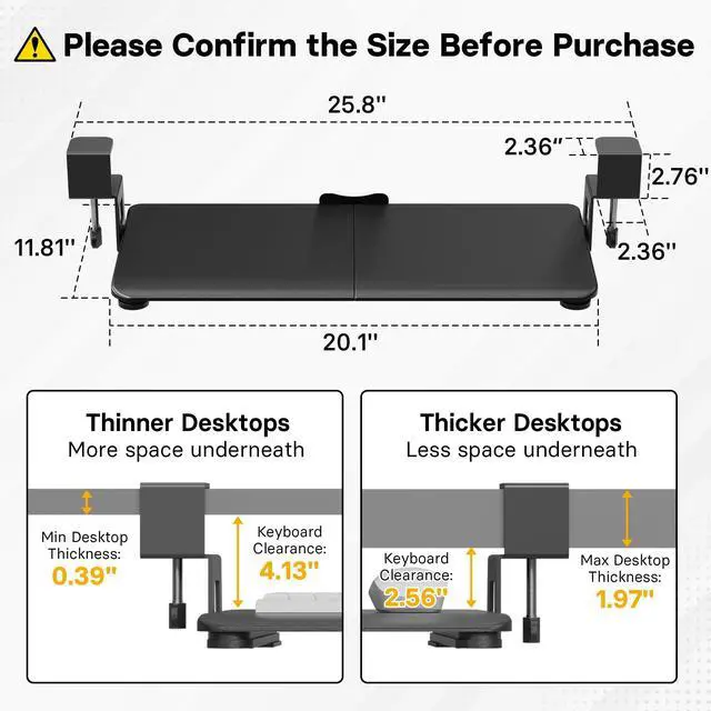 Alt view image 2 of 7 - Under Desk Keyboard Tray, Pull-Out Keyboard & Mouse Platform C-Clamp Mount, Space-Saving Ergonomic Slide-Out Drawer, 31.3 in Including Clamps, 20 x 11.8 in Tray, Black