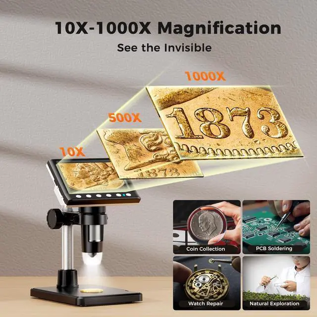 Alt view image 2 of 7 - 4.3 Inch LCD Digital Coin Microscope, 1000X USB Magnifier with 8 Adjustable LED Lights for Coin Inspection, Electronics Repair, Soldering, Windows/Mac Compatible, 1080P