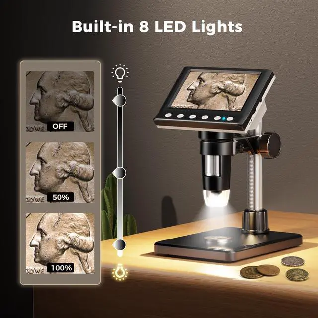 Alt view image 4 of 7 - 4.3 Inch LCD Digital Coin Microscope, 1000X USB Magnifier with 8 Adjustable LED Lights for Coin Inspection, Electronics Repair, Soldering, Windows/Mac Compatible, 1080P