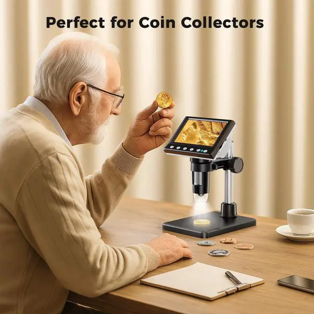 Alt view image 7 of 7 - 4.3 Inch LCD Digital Coin Microscope, 1000X USB Magnifier with 8 Adjustable LED Lights for Coin Inspection, Electronics Repair, Soldering, Windows/Mac Compatible, 1080P