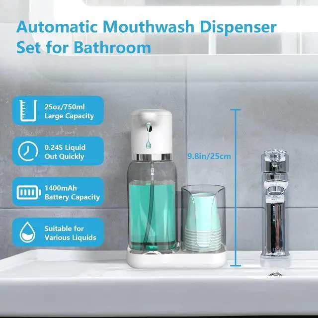 Alt view image 2 of 7 - Automatic Mouthwash Dispenser for Bathroom, 25oz(750ml) Smart Mouthwash Dispenser with Cup Holder, Infrared Sensor and 2 Dispensing Levels, Rechargable Mouth Pumb Dispenser for All Age Groups