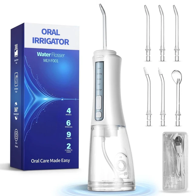 Main image of Water Flosser Cordless Teeth Pick Portable IPX7 Waterproof White | Oral Irrigator Flosser, Rechargeable, Teeth Cleaner, 4-Mode 6-Tip, 300ML Flossing Cleaning Machine, for Home and Travel Use
