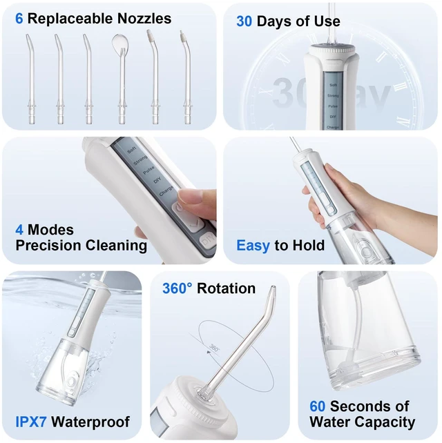 Alt view image 2 of 7 - Water Flosser Cordless Teeth Pick Portable IPX7 Waterproof White | Oral Irrigator Flosser, Rechargeable, Teeth Cleaner, 4-Mode 6-Tip, 300ML Flossing Cleaning Machine, for Home and Travel Use