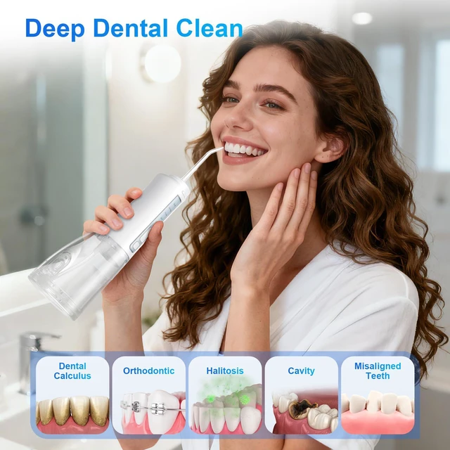 Alt view image 6 of 7 - Water Flosser Cordless Teeth Pick Portable IPX7 Waterproof White | Oral Irrigator Flosser, Rechargeable, Teeth Cleaner, 4-Mode 6-Tip, 300ML Flossing Cleaning Machine, for Home and Travel Use
