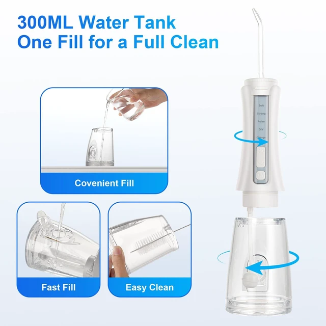 Alt view image 7 of 7 - Water Flosser Cordless Teeth Pick Portable IPX7 Waterproof White | Oral Irrigator Flosser, Rechargeable, Teeth Cleaner, 4-Mode 6-Tip, 300ML Flossing Cleaning Machine, for Home and Travel Use