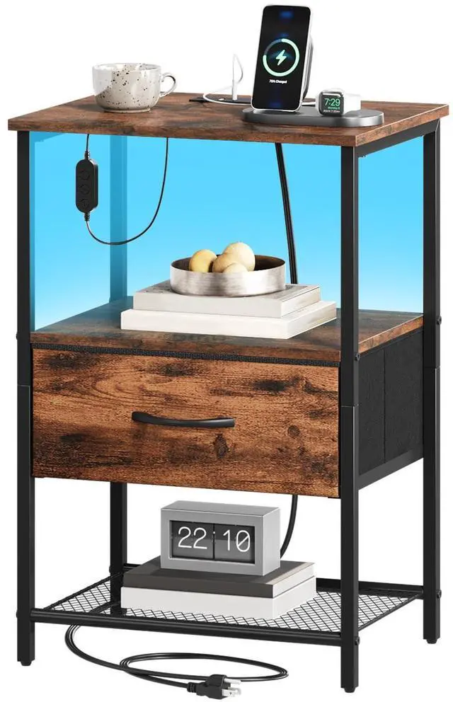 Main image of Nightstand with Charging Station and LED Light for Bedroom, Bedside Table End Table for Dorm Guest Room Bedside Kids Laundry Closet Entryway Hallway, Wood Grain Print