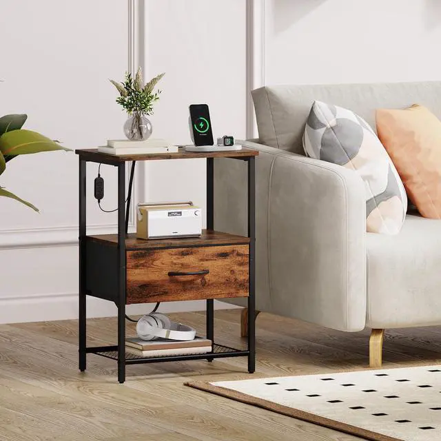 Alt view image 2 of 7 - Nightstand with Charging Station and LED Light for Bedroom, Bedside Table End Table for Dorm Guest Room Bedside Kids Laundry Closet Entryway Hallway, Wood Grain Print