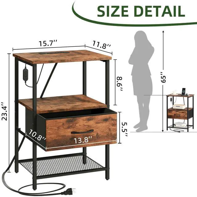 Alt view image 3 of 7 - Nightstand with Charging Station and LED Light for Bedroom, Bedside Table End Table for Dorm Guest Room Bedside Kids Laundry Closet Entryway Hallway, Wood Grain Print