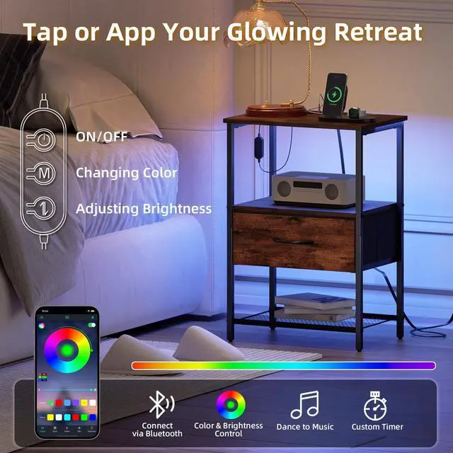 Alt view image 4 of 7 - Nightstand with Charging Station and LED Light for Bedroom, Bedside Table End Table for Dorm Guest Room Bedside Kids Laundry Closet Entryway Hallway, Wood Grain Print