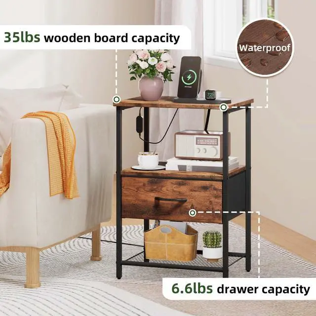 Alt view image 6 of 7 - Nightstand with Charging Station and LED Light for Bedroom, Bedside Table End Table for Dorm Guest Room Bedside Kids Laundry Closet Entryway Hallway, Wood Grain Print