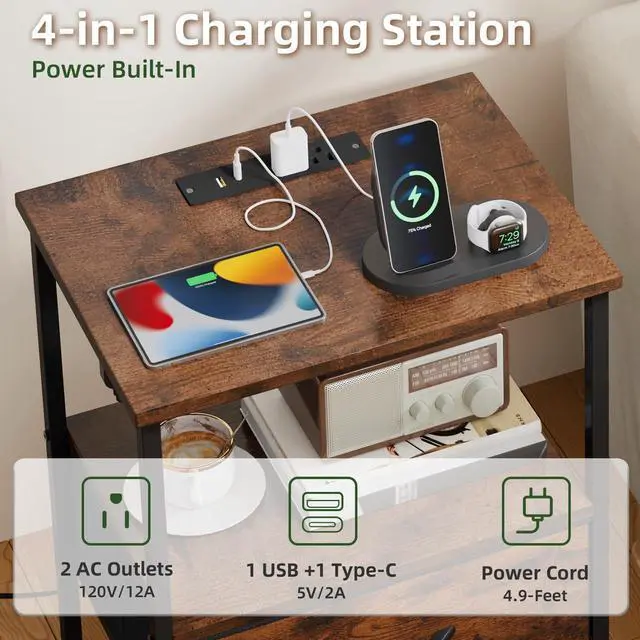 Alt view image 5 of 7 - Nightstand with Charging Station and LED Light for Bedroom, Bedside Table End Table for Dorm Guest Room Bedside Kids Laundry Closet Entryway Hallway, Wood Grain Print